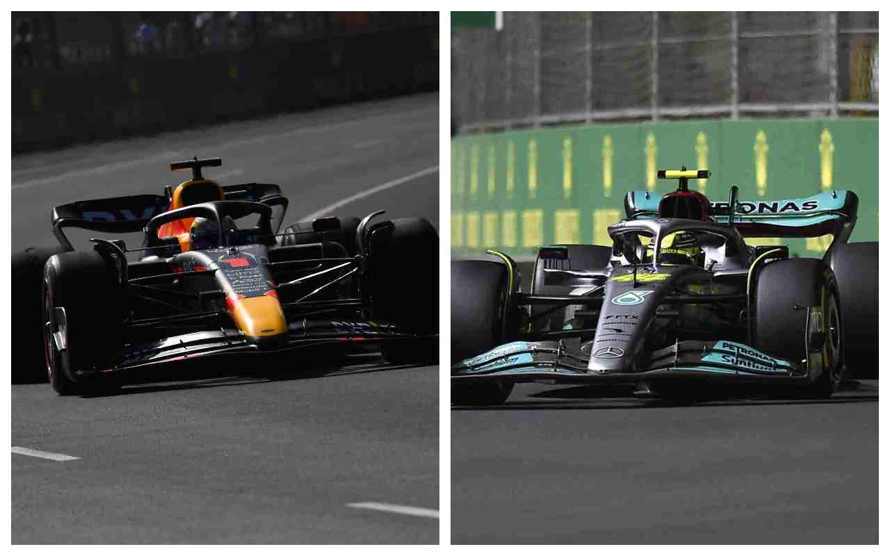 Red Bull e Mercedes: Verstappen ed Hamilton in azione (foto Ansa)